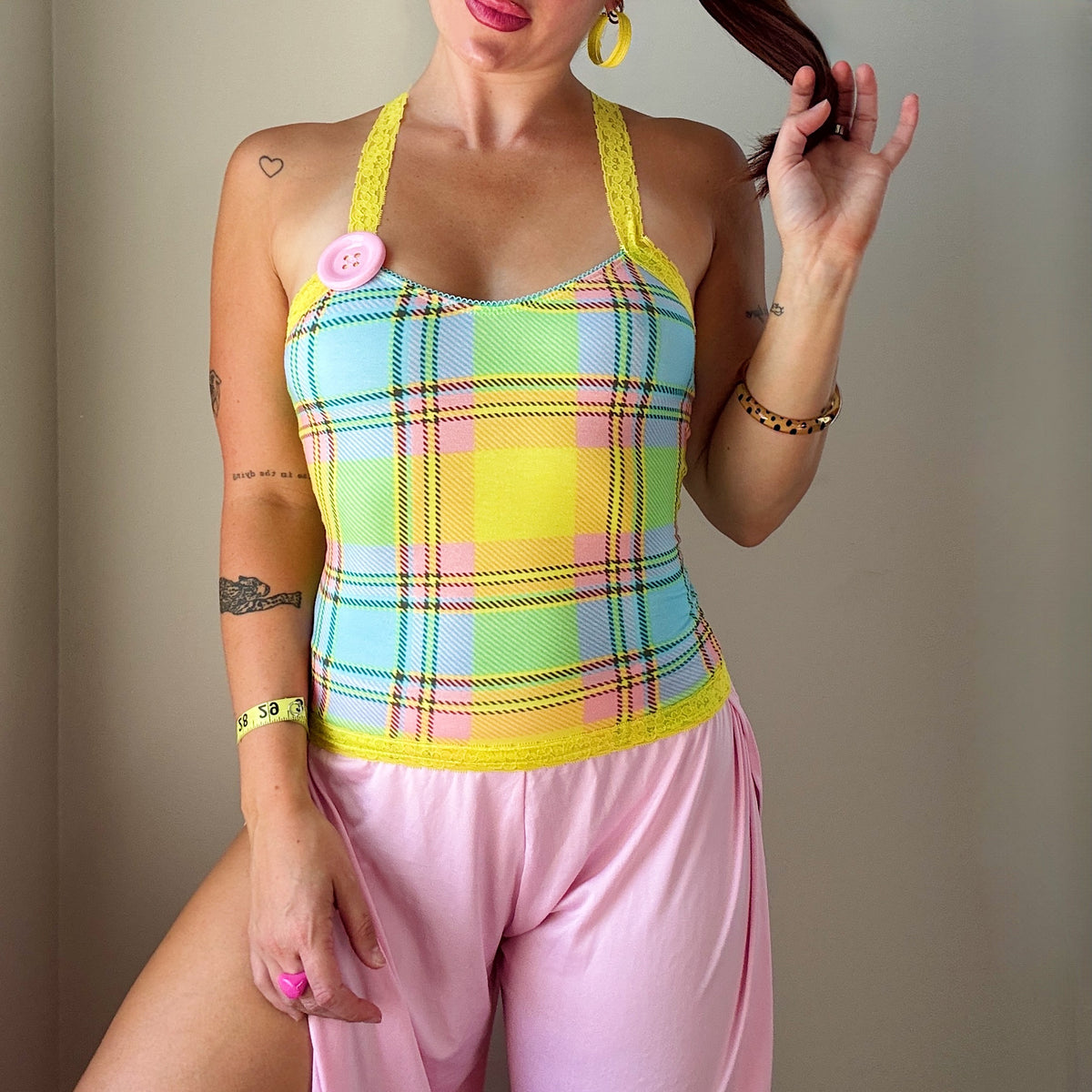 Colorful Tartan Lace Cami Top